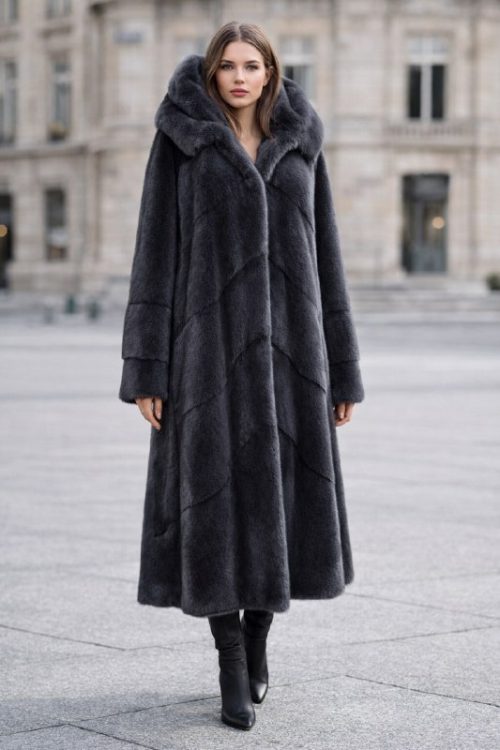 продукція виробника ХутроСвіт Тисмениця 2026 Норкова шуба з капюшоном, графіт, ялинка Фото 1