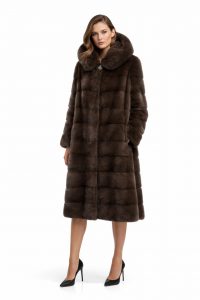 Норкова шуба з капюшоном кольору темного капучіно