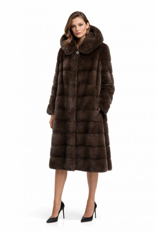 Норкова шуба з капюшоном кольору темного капучіно, фото 1