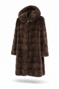 Норкова шуба з капюшоном кольору темного капучіно