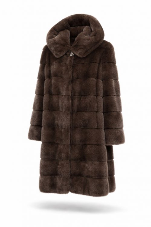 Норкова шуба з капюшоном кольору темного капучіно, фото 2