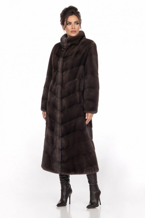 продукція виробника ХутроСвіт Тисмениця 2026 Шуба із норки коричнева, комір стійка, діагональна викладка Фото 1