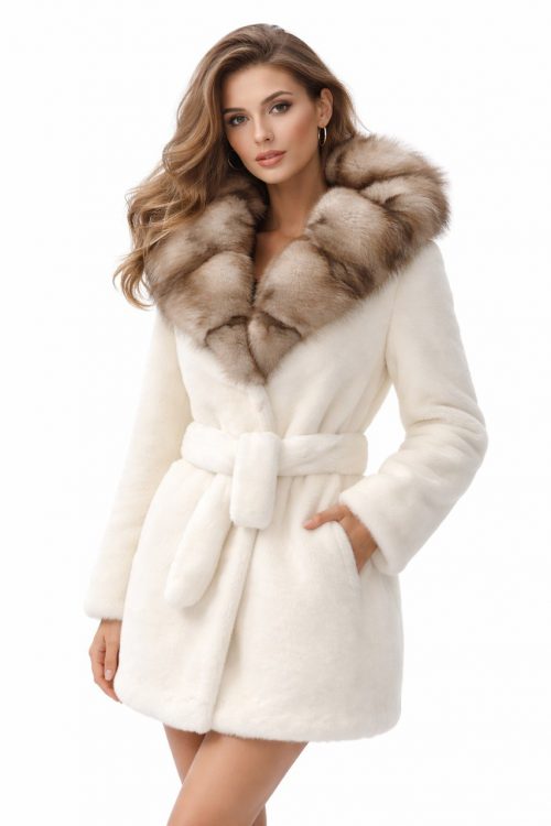 продукція виробника ХутроСвіт Тисмениця 2026 Біла норкова шуба - курточка з капюшоном із куниці Фото 1