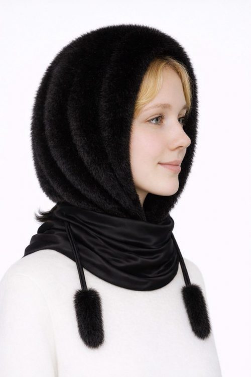 продукція виробника ХутроСвіт Тисмениця 2026 Норкова хустина, платок, капор чорного кольору, фото 2