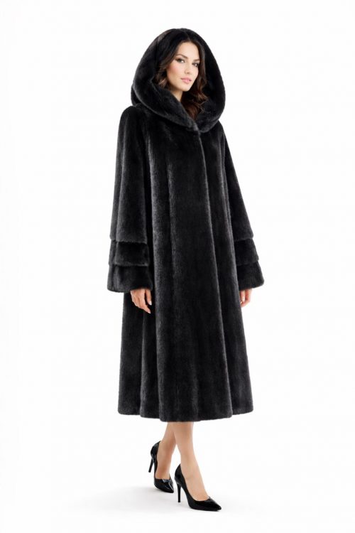 продукція виробника ХутроСвіт Тисмениця 2026 Довга класична модель норкової шуби з капюшоном Фото 1