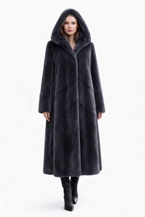 продукція виробника ХутроСвіт Тисмениця 2026 Норкова шуба з капюшоном, графіт, ялинка, фото 2