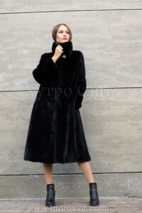 Класична чорна норкова шуба трапеція зі стійкою | Классическая черная норковая шуба трапеция со стойкой