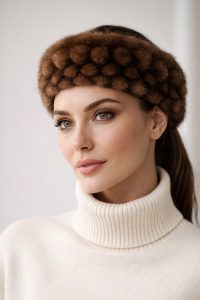 Стильна норкова повязка на голову, кольору горіх, фото 1