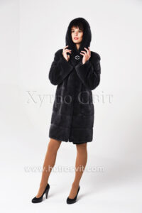 Норкова шуба з капюшоном, поперечка, колір графіт, |Норковая шуба с капюшоном, цвет графит, поперечка,