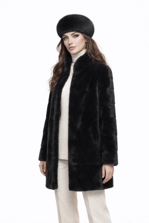 продукція виробника ХутроСвіт Тисмениця 2026 Норковий півшубок з коміром стійка, чорного кольору, фото 1