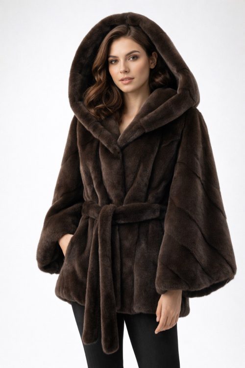 продукція виробника ХутроСвіт Тисмениця 2026 Норковий півшубок (курточка) з капюшоном, коричневого кольору, фото 1