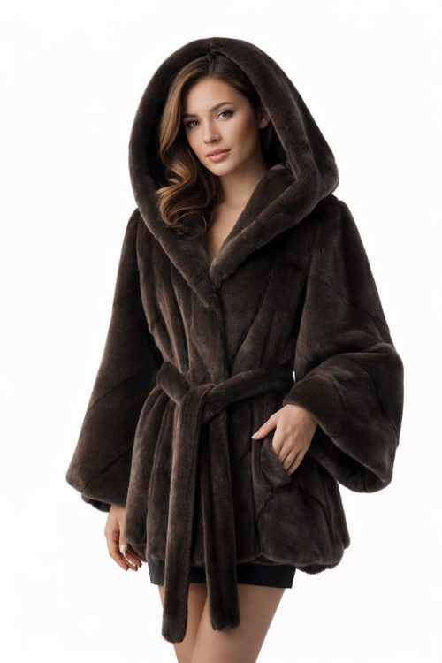 продукція виробника ХутроСвіт Тисмениця 2026 Норковий півшубок (курточка) з капюшоном, коричневого кольору Фото 1