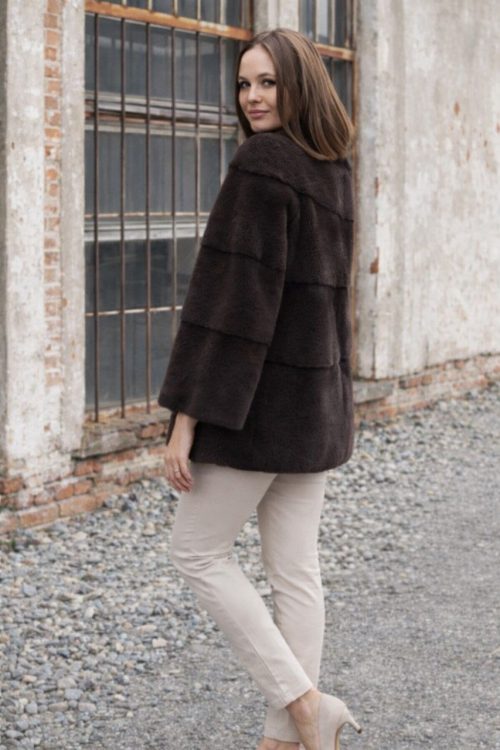 продукція виробника ХутроСвіт Тисмениця 2026 Норкова шубка з коміром стійка, кольору капучіно, фото 3