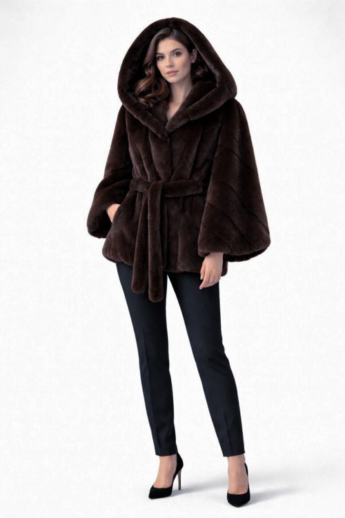 продукція виробника ХутроСвіт Тисмениця 2026 Норковий півшубок (курточка) з капюшоном, коричневого кольору, фото 2
