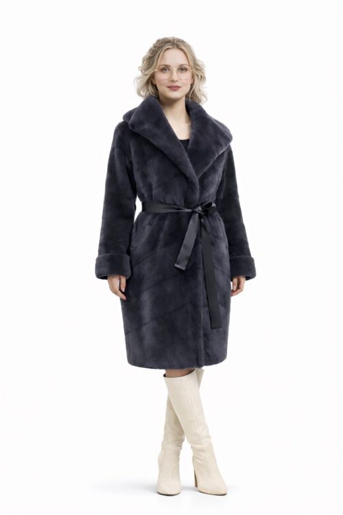 продукція виробника ХутроСвіт Тисмениця 2026 Шуба із норки кольору графіт середньої довжини з шалевим капюшоном, фото 2