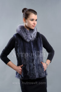 Жилет із норки кольору графіт, комір стійка - блуфрост|Жилет из норки цвета графит с воротником блу-фрост